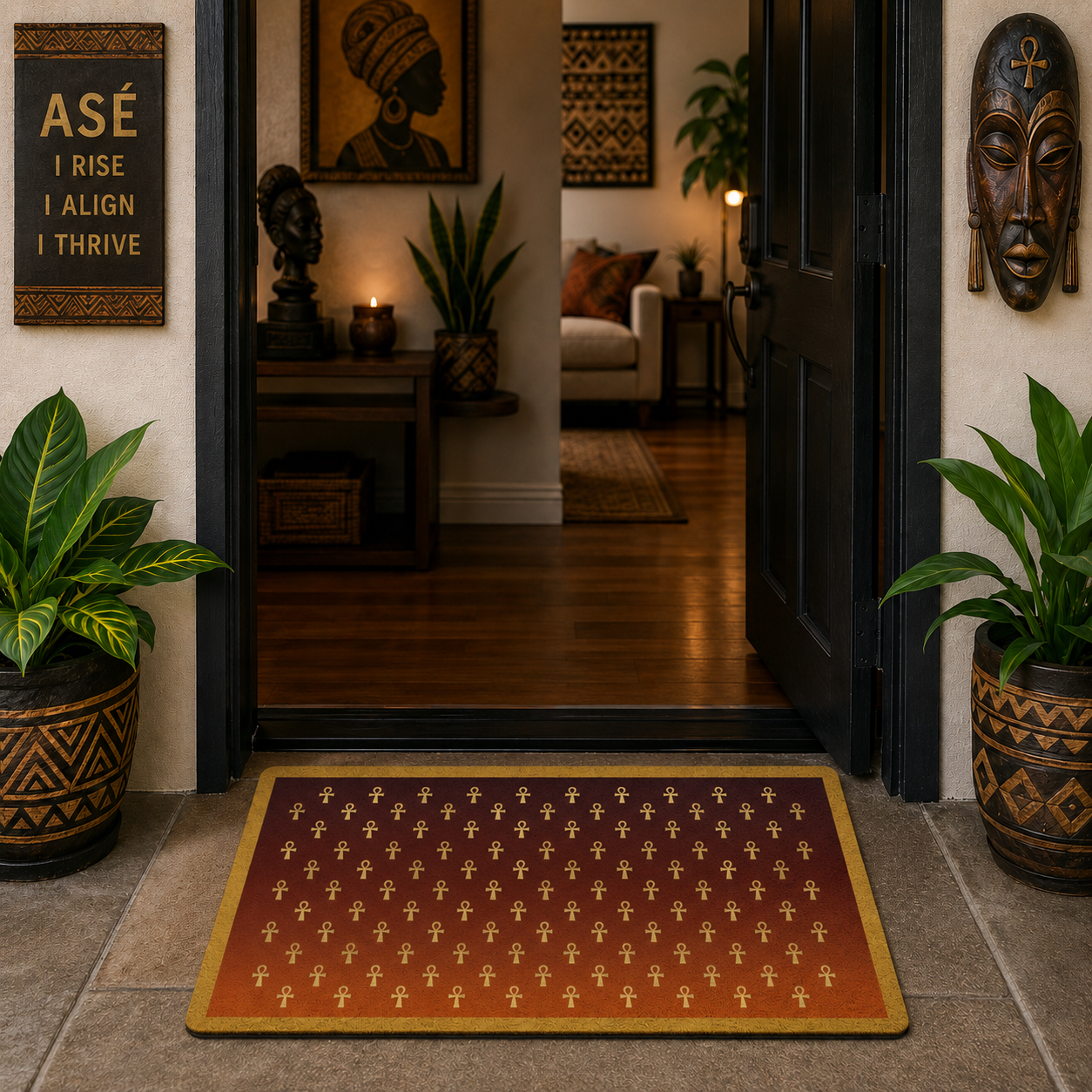 Gold Ankh Pattern Doormat | Egyptian Symbol Home Decor