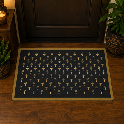 Black & Gold Ankh Pattern Polyester Doormat | Egyptian Symbol Welcome Mat