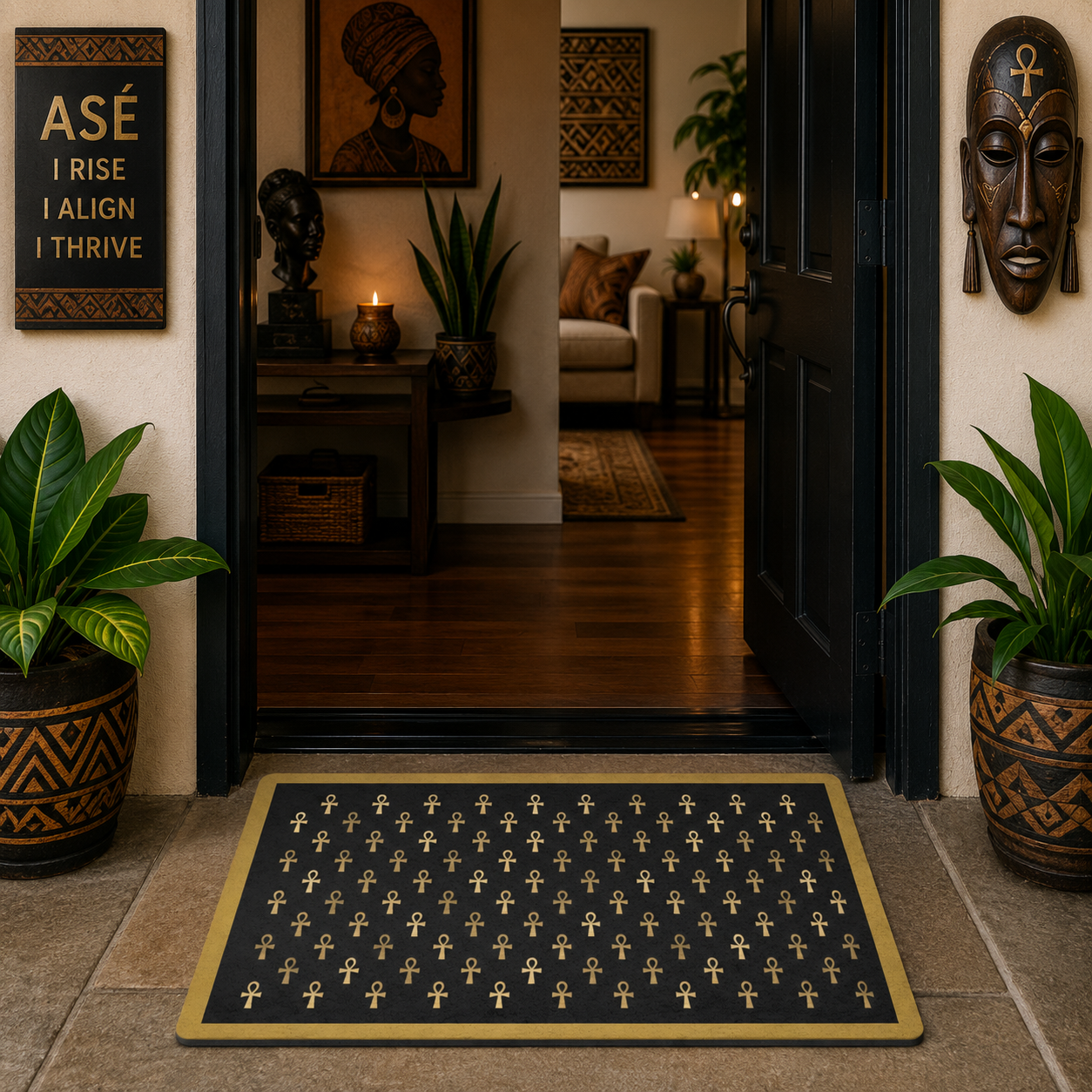 Black & Gold Ankh Pattern Polyester Doormat | Egyptian Symbol Welcome Mat