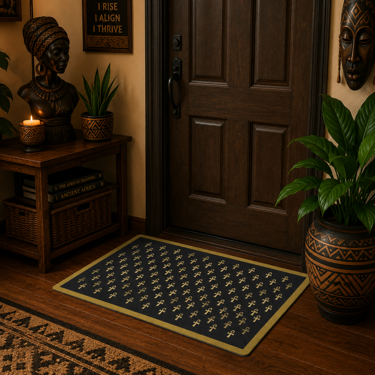 Black & Gold Ankh Pattern Polyester Doormat | Egyptian Symbol Welcome Mat