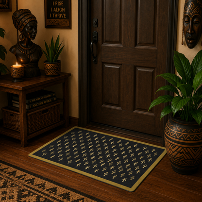 Black & Gold Ankh Pattern Polyester Doormat | Egyptian Symbol Welcome Mat