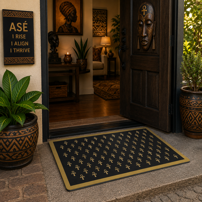 Black & Gold Ankh Pattern Polyester Doormat | Egyptian Symbol Welcome Mat