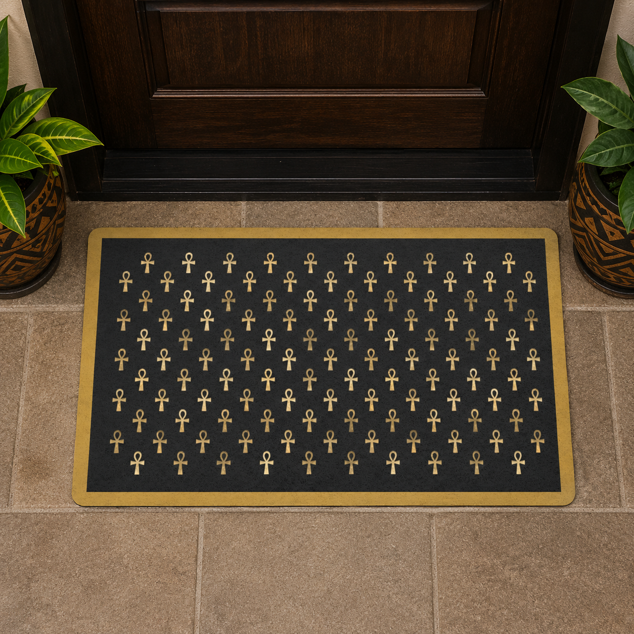 Black & Gold Ankh Pattern Polyester Doormat | Egyptian Symbol Welcome Mat