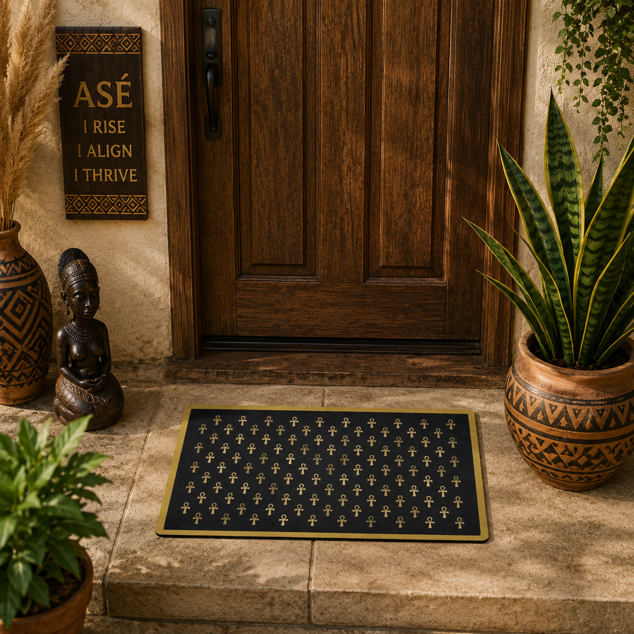 Black & Gold Ankh Pattern Polyester Doormat | Egyptian Symbol Welcome Mat