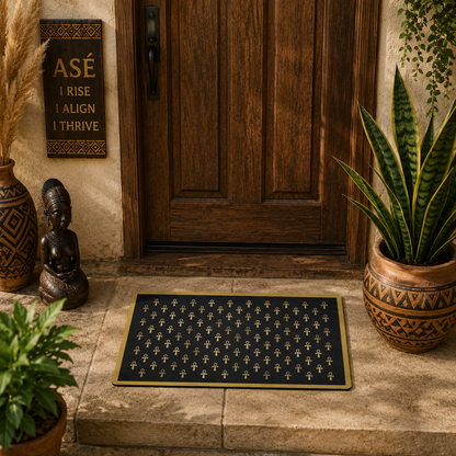 Black & Gold Ankh Pattern Polyester Doormat | Egyptian Symbol Welcome Mat