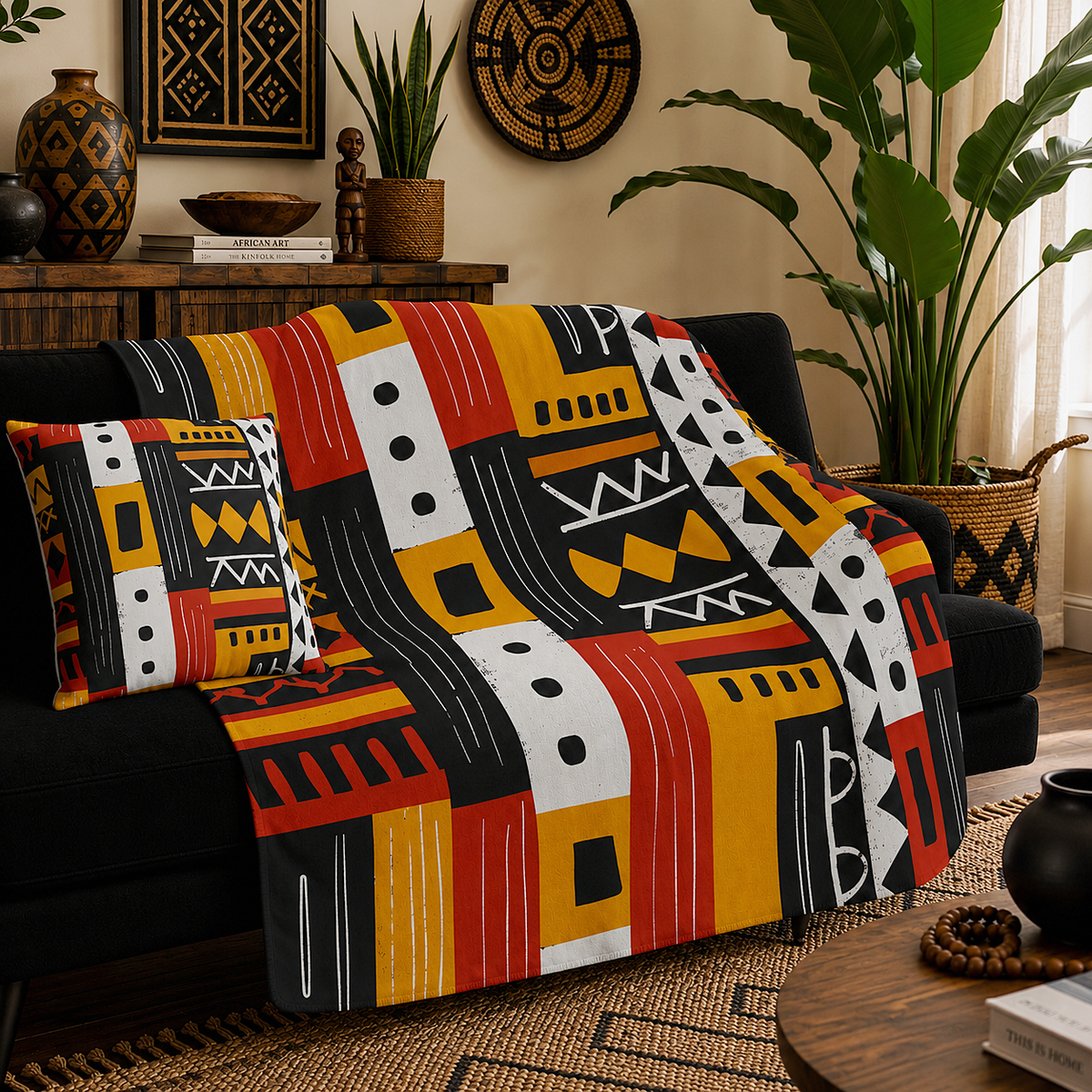 African Mudcloth Pattern Sherpa Blanket