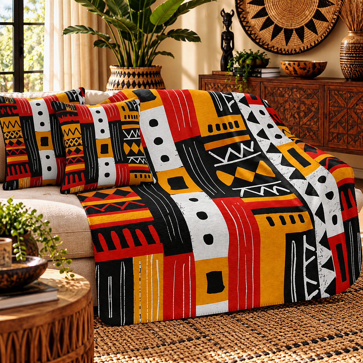 African Mudcloth Pattern Sherpa Blanket