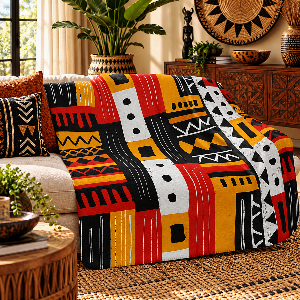 African Mudcloth Pattern Sherpa Blanket