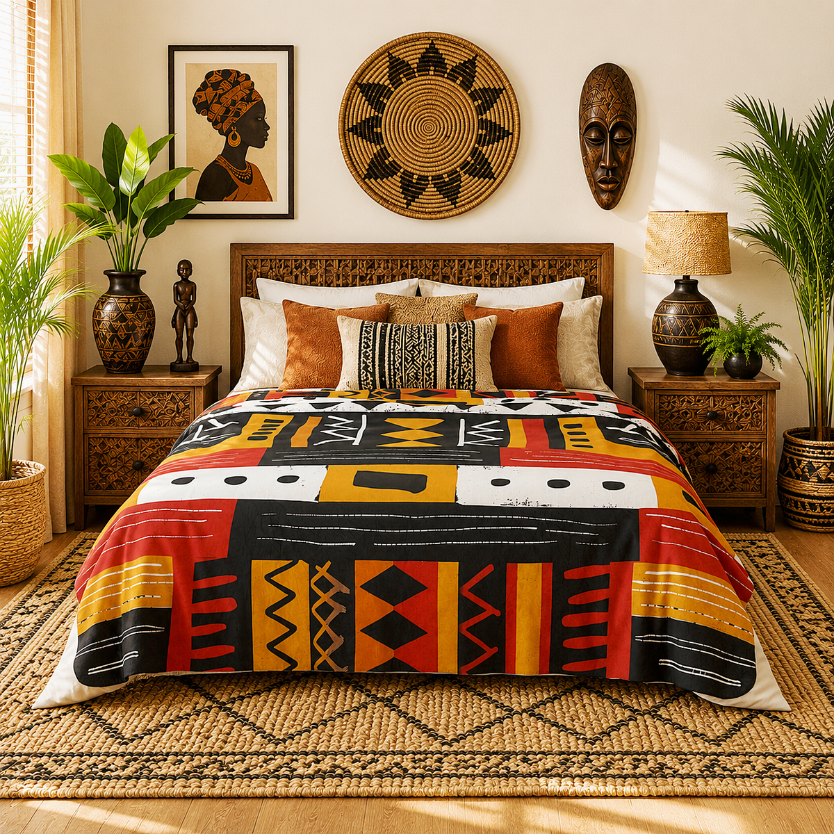 African Mudcloth Pattern Sherpa Blanket