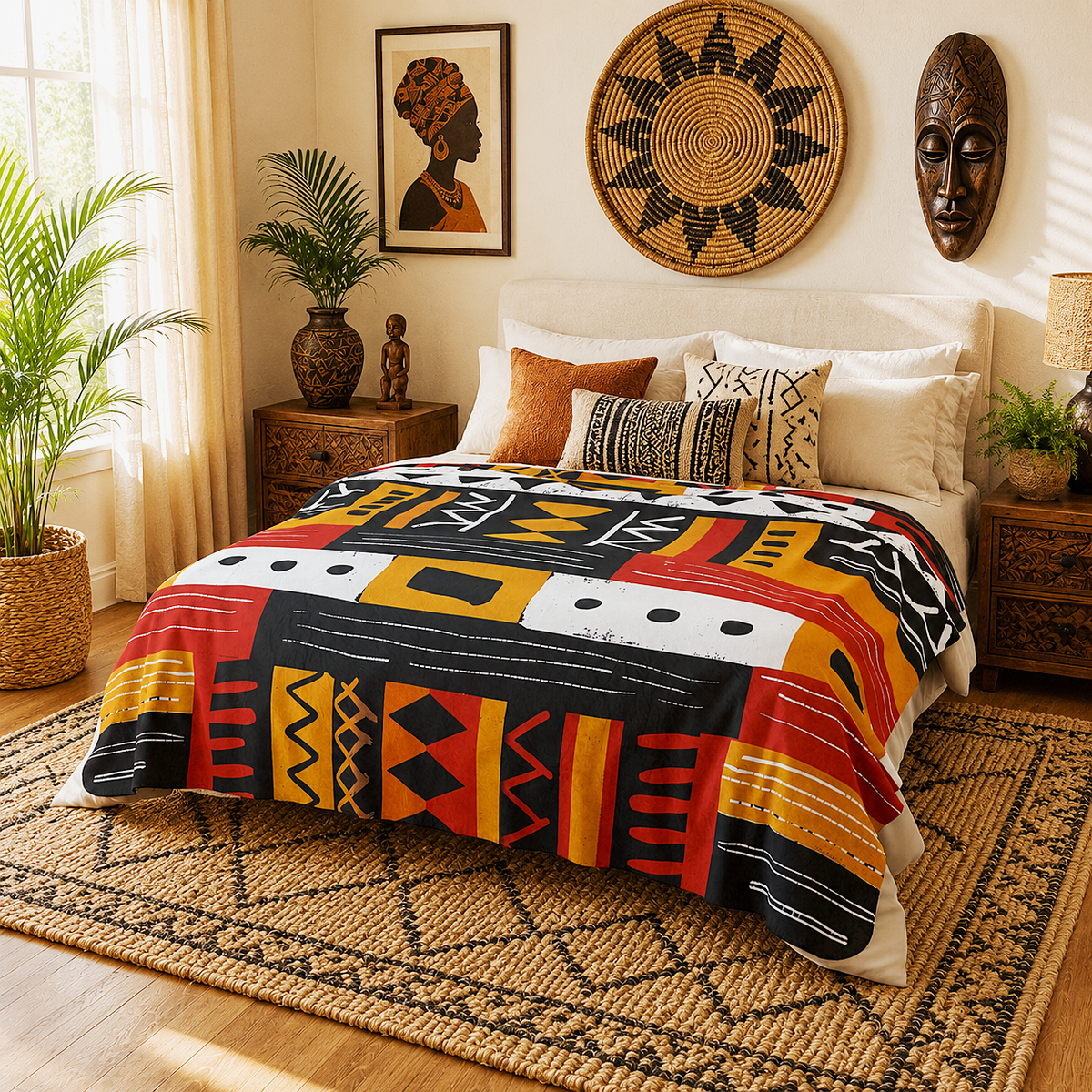 African Mudcloth Pattern Sherpa Blanket