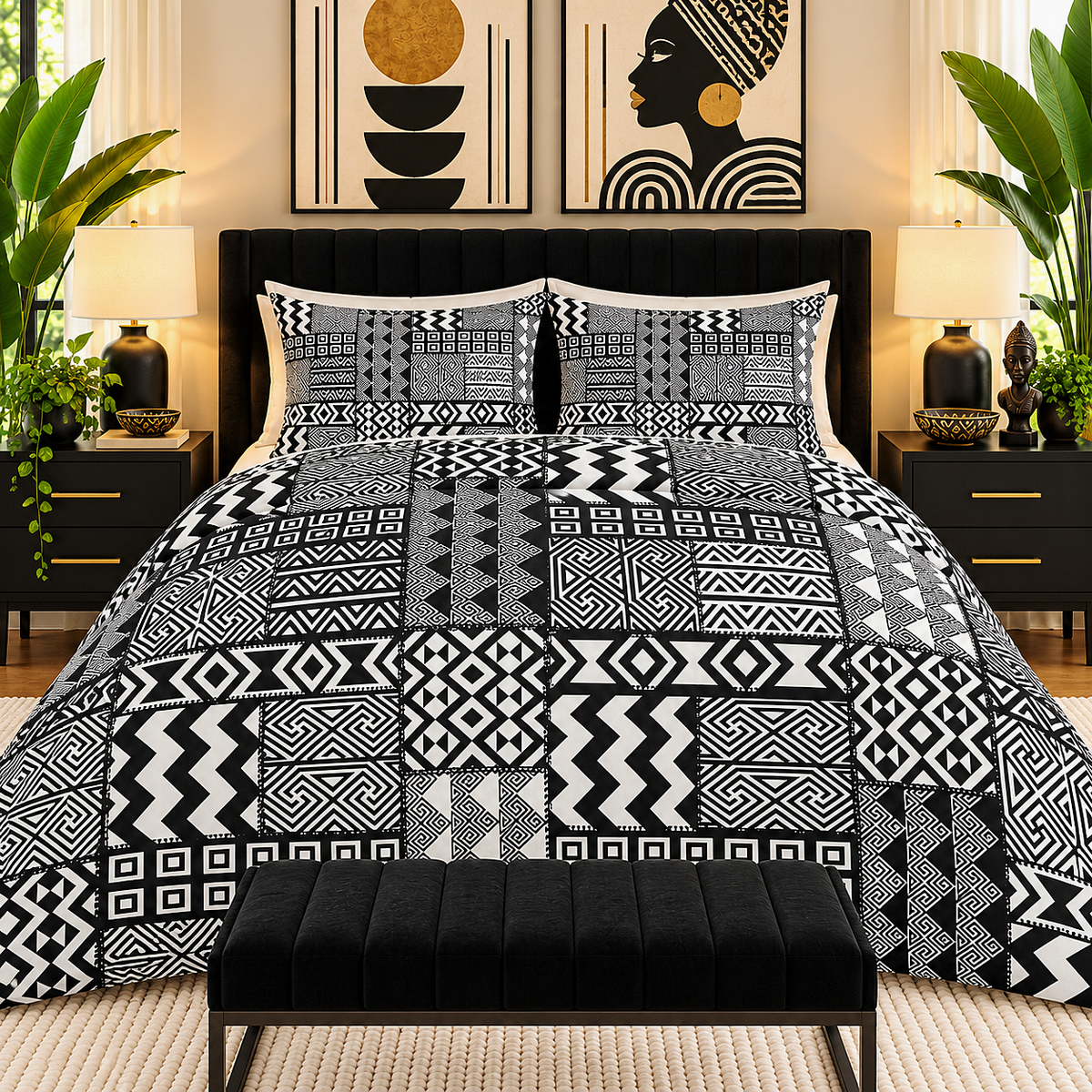 Black White African Mudcloth Cotton Duvet Cover Set