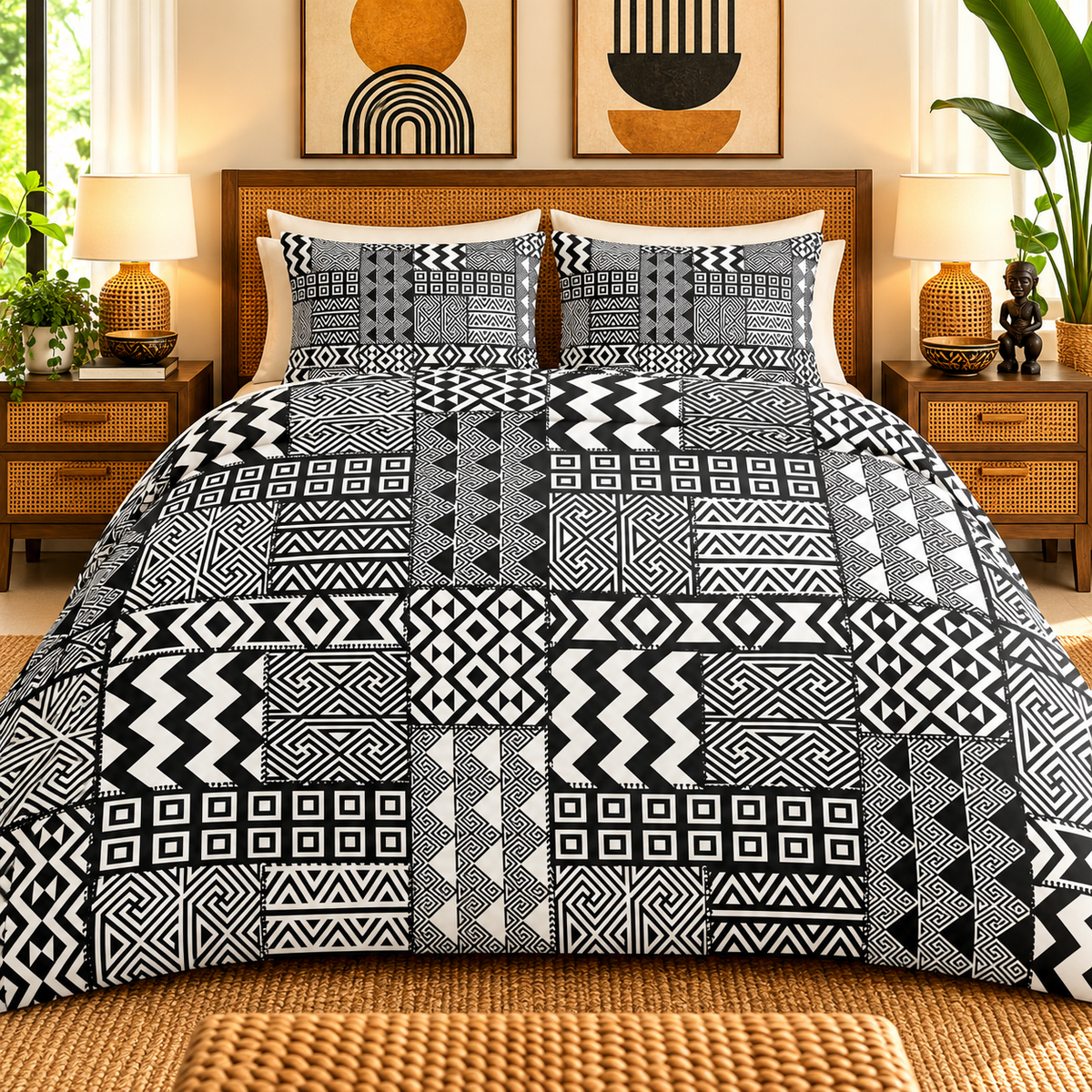 Black White African Mudcloth Cotton Duvet Cover Set