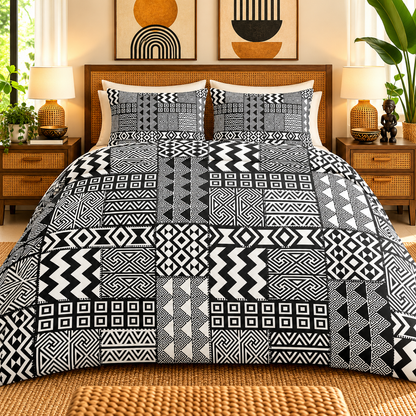 Black White African Mudcloth Cotton Duvet Cover Set