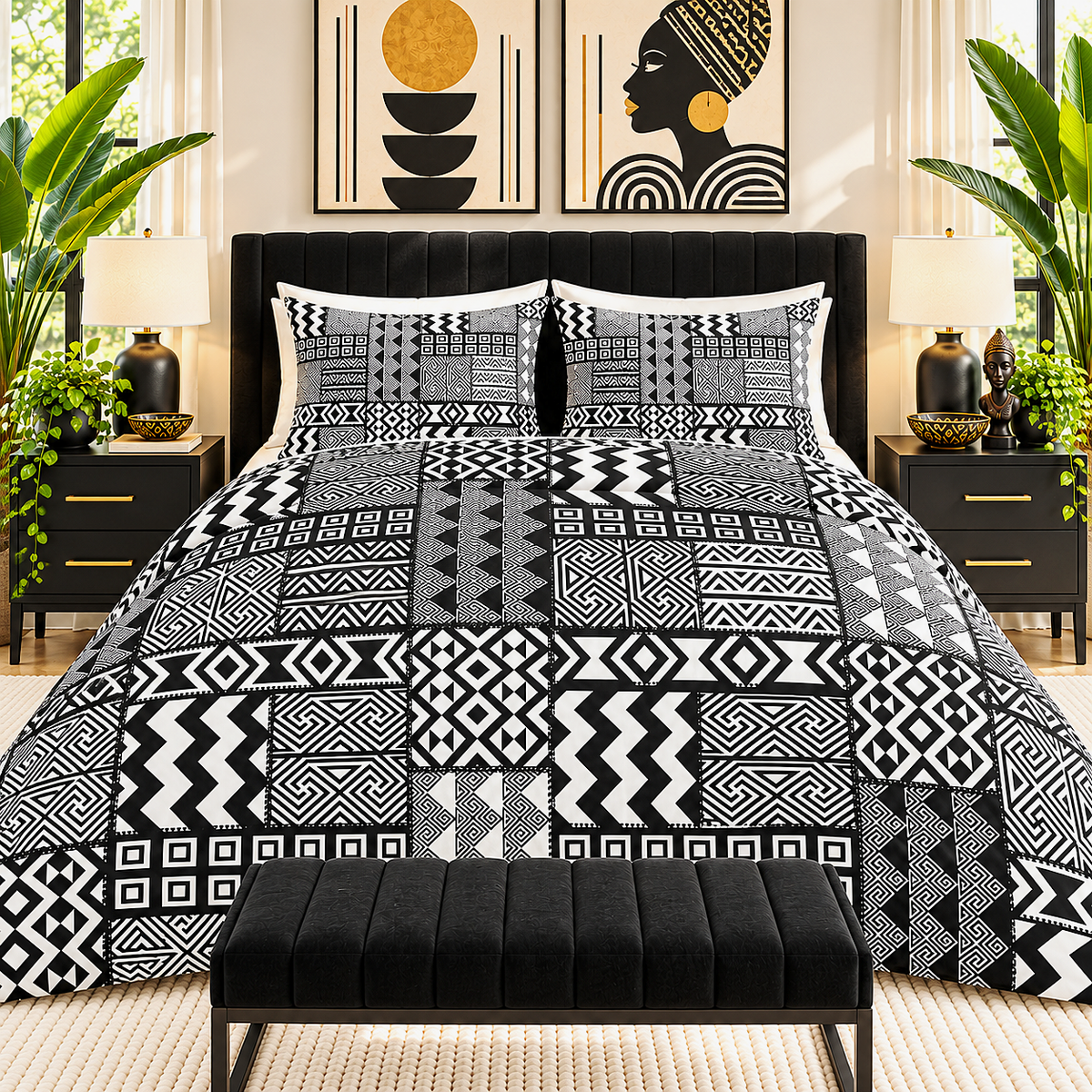 Black White African Mudcloth Cotton Duvet Cover Set