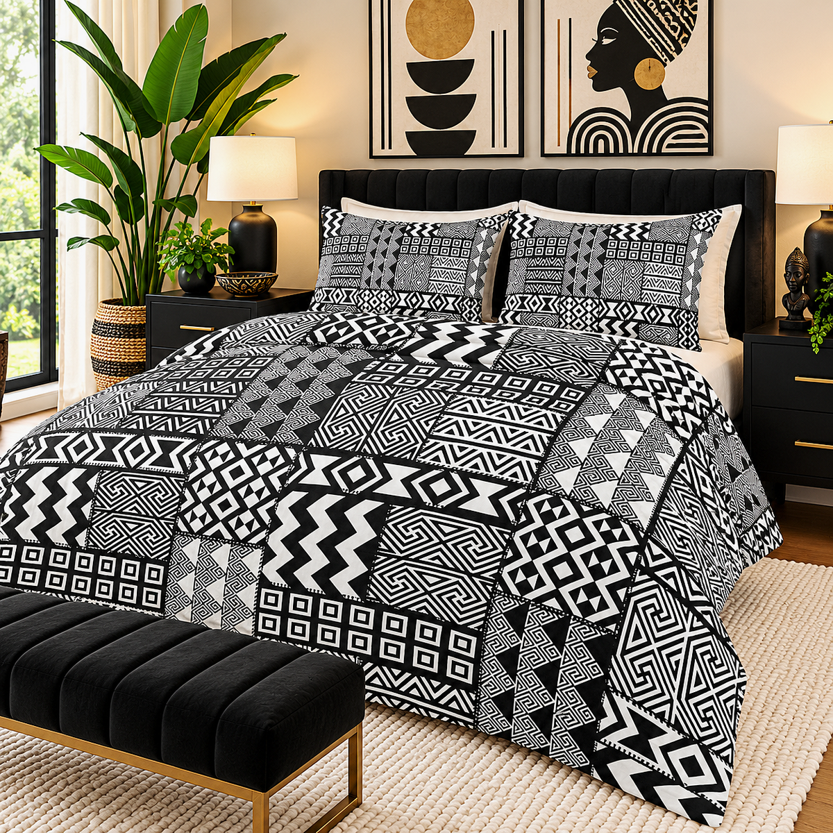 Black White African Mudcloth Cotton Duvet Cover Set