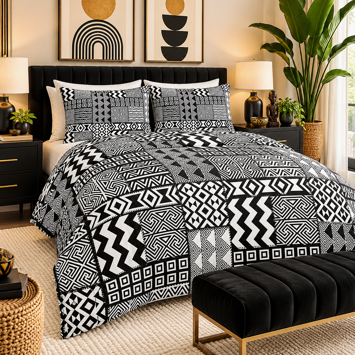 Black White African Mudcloth Cotton Duvet Cover Set