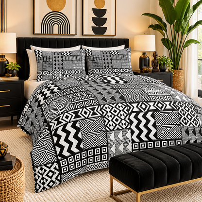 Black White African Mudcloth Cotton Duvet Cover Set