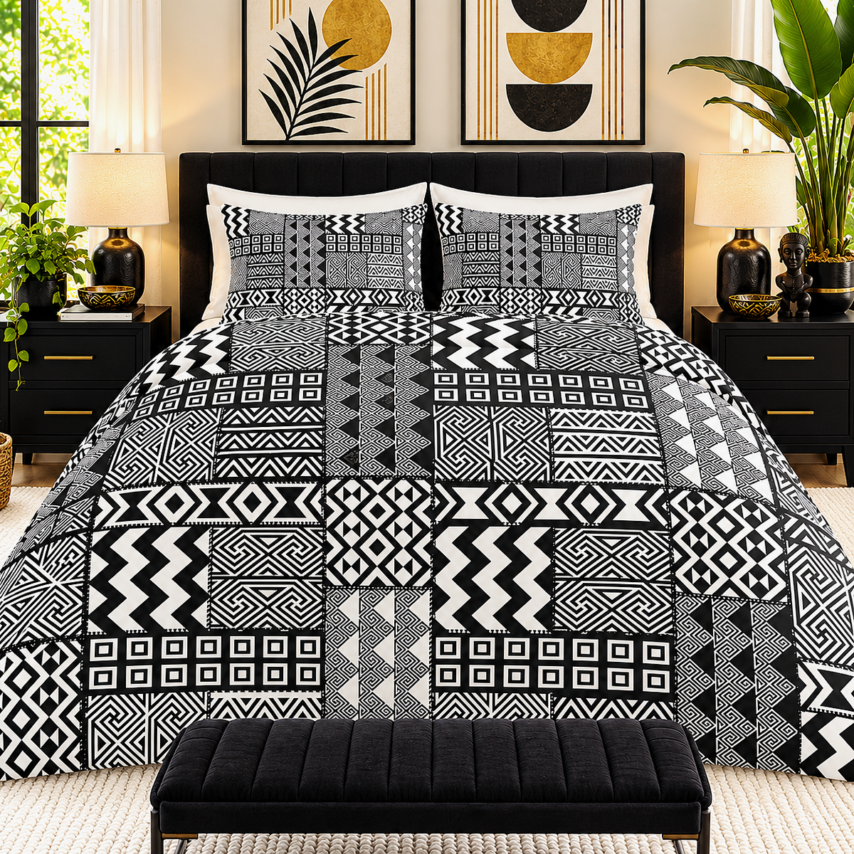 Black White African Mudcloth Cotton Duvet Cover Set