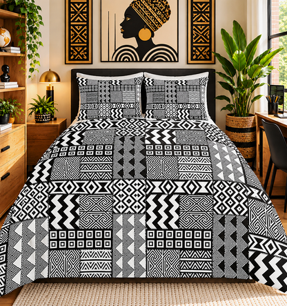 Black White African Mudcloth Cotton Duvet Cover Set