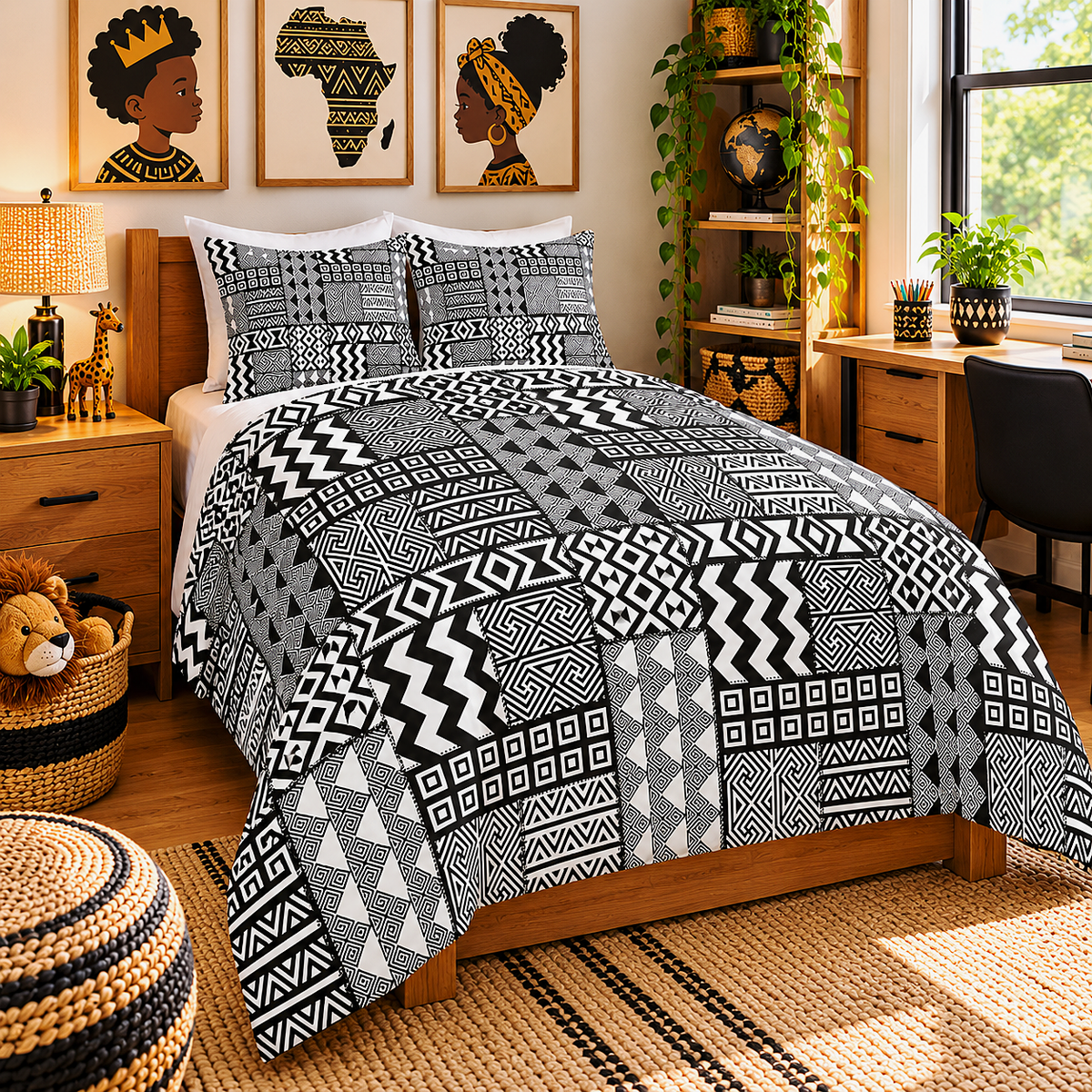 Black White African Mudcloth Cotton Duvet Cover Set