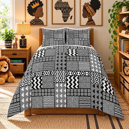 Black White African Mudcloth Cotton Duvet Cover Set