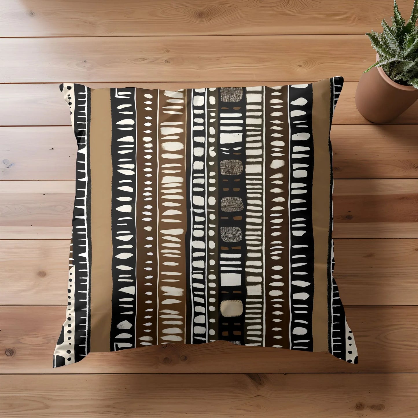 Modern throw pillow with tribal geometric pattern on wood floor, potted succulent nearby