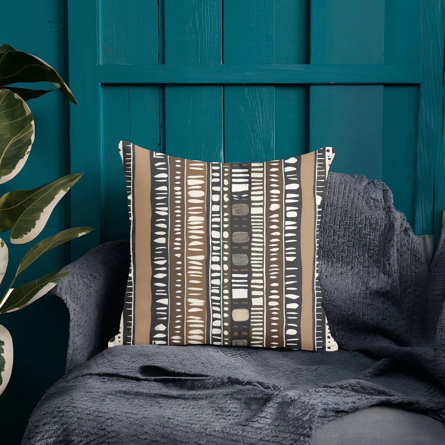 Modern patterned throw pillow on gray blanket sofa, teal wall and houseplant decor