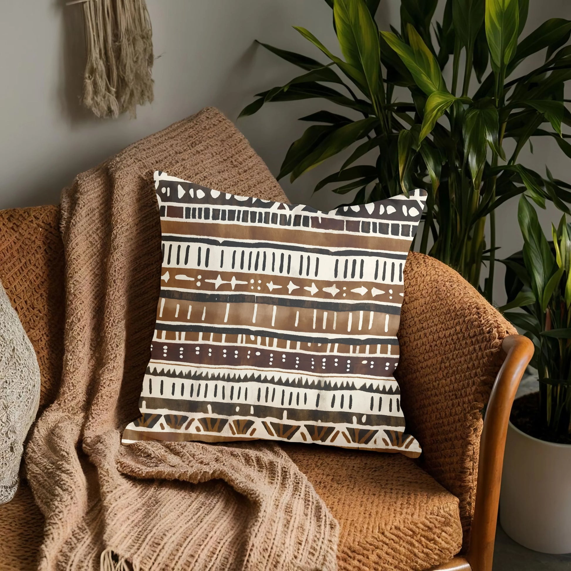 Brown boho mudcloth throw pillow on textured armchair with cozy blanket and green houseplant