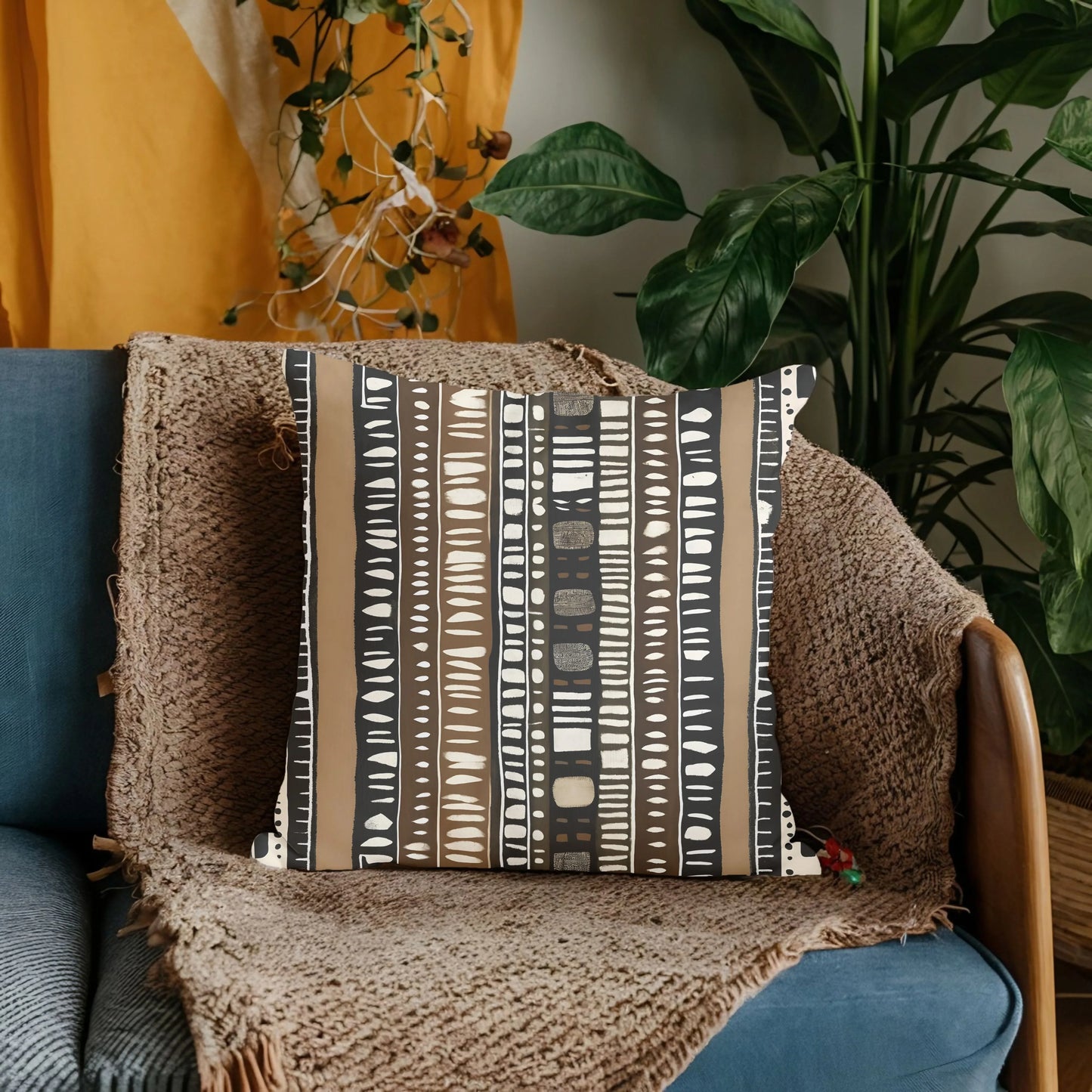 Modern geometric throw pillow on sofa with cozy knit blanket and green indoor plants
