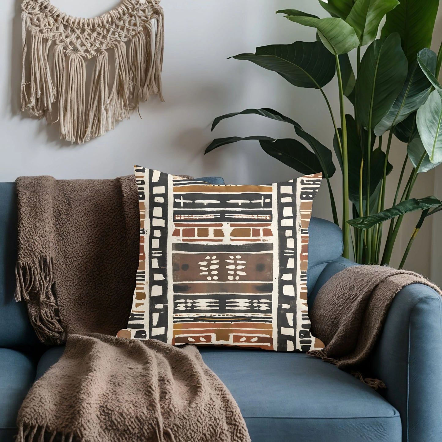 Mud cloth print pillow on blue sofa with brown throw, plant, and macrame wall decor