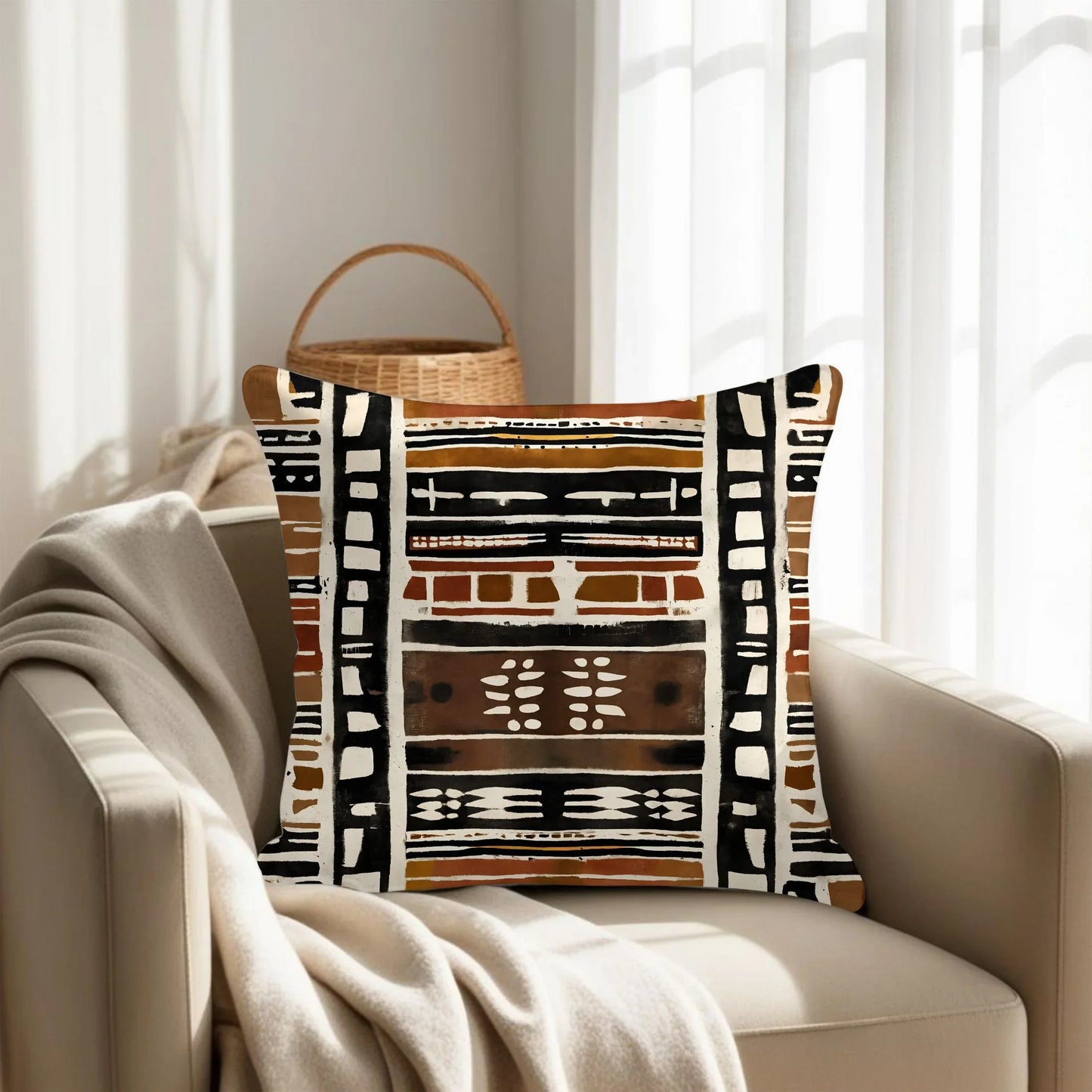 Mudcloth pattern throw pillow on beige armchair with knit blanket in sunlit living room