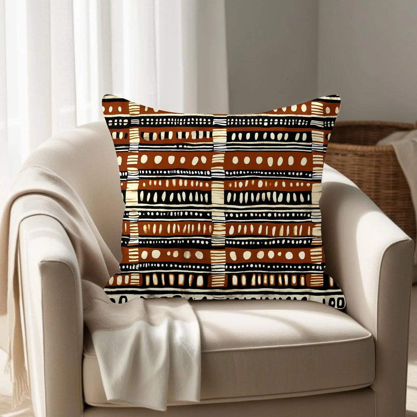 Brown geometric patterned throw pillow on beige armchair in modern living room