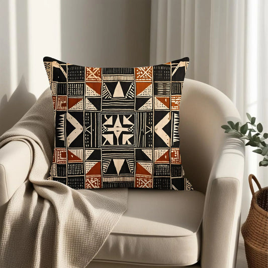 Boho armchair with geometric tribal print pillow, beige throw, in sunlit cozy living room