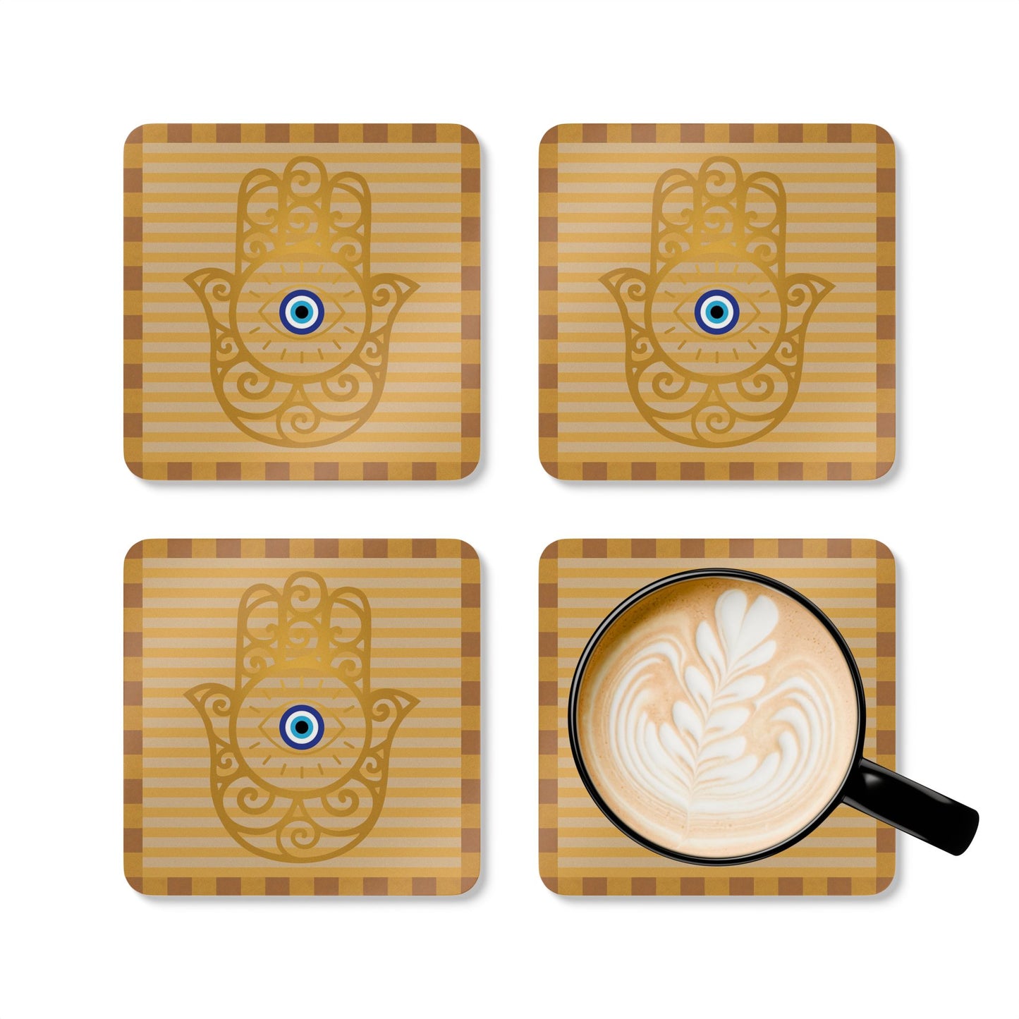 Hamsa Hand with Evil Eye Cork Coaster Set | Protective Symbol Coasters
