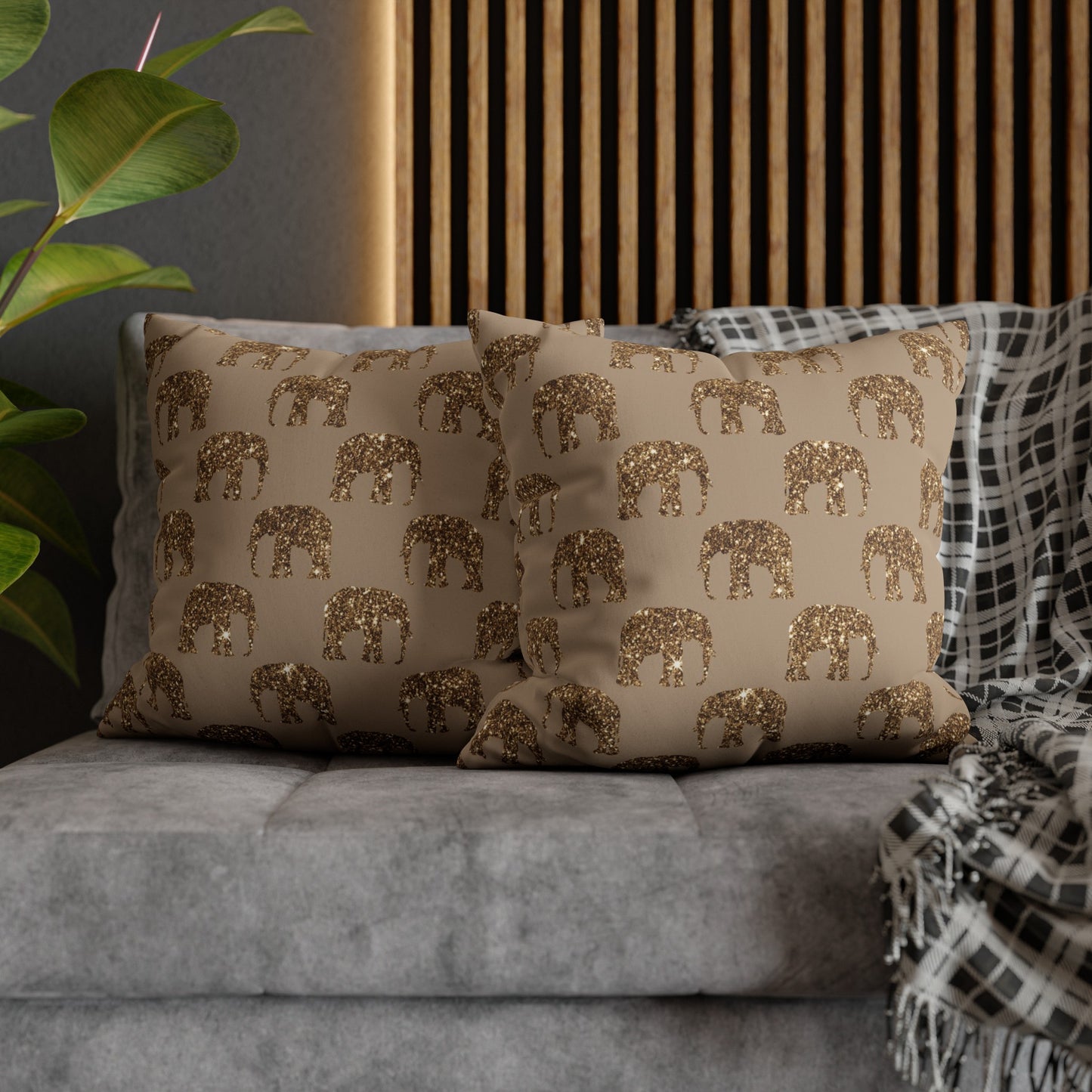 Sequined in Gold Elephants Suede Square Pillowcase