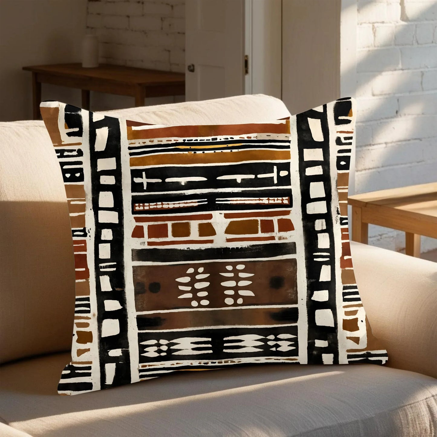 African mudcloth throw pillow with geometric patterns on beige sofa in sunlit living room