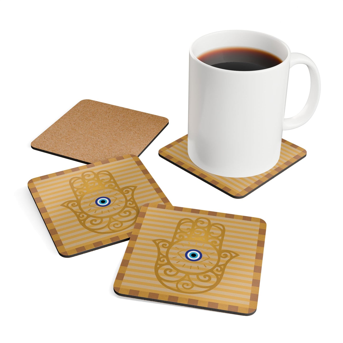 Hamsa Hand with Evil Eye Cork Coaster Set | Protective Symbol Coasters