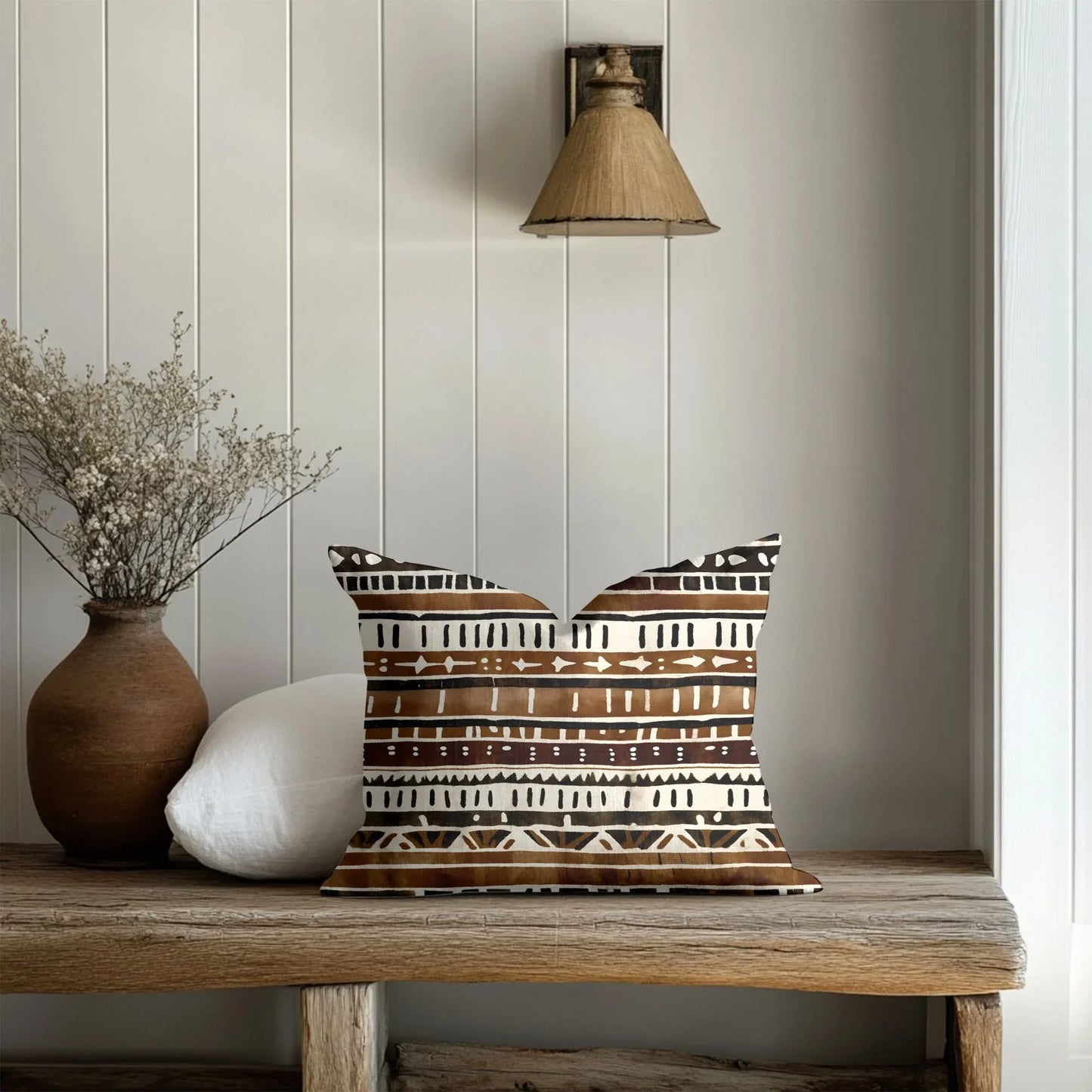 Boho mudcloth pillow on rustic bench with ceramic vase and wall sconce in cozy living room