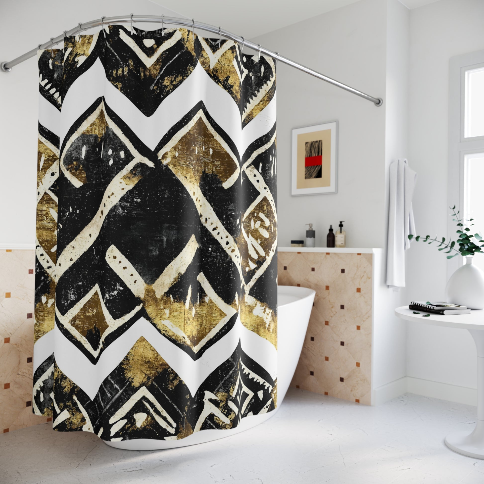 Abstract shower curtain with geometric pattern in a bathroom setting