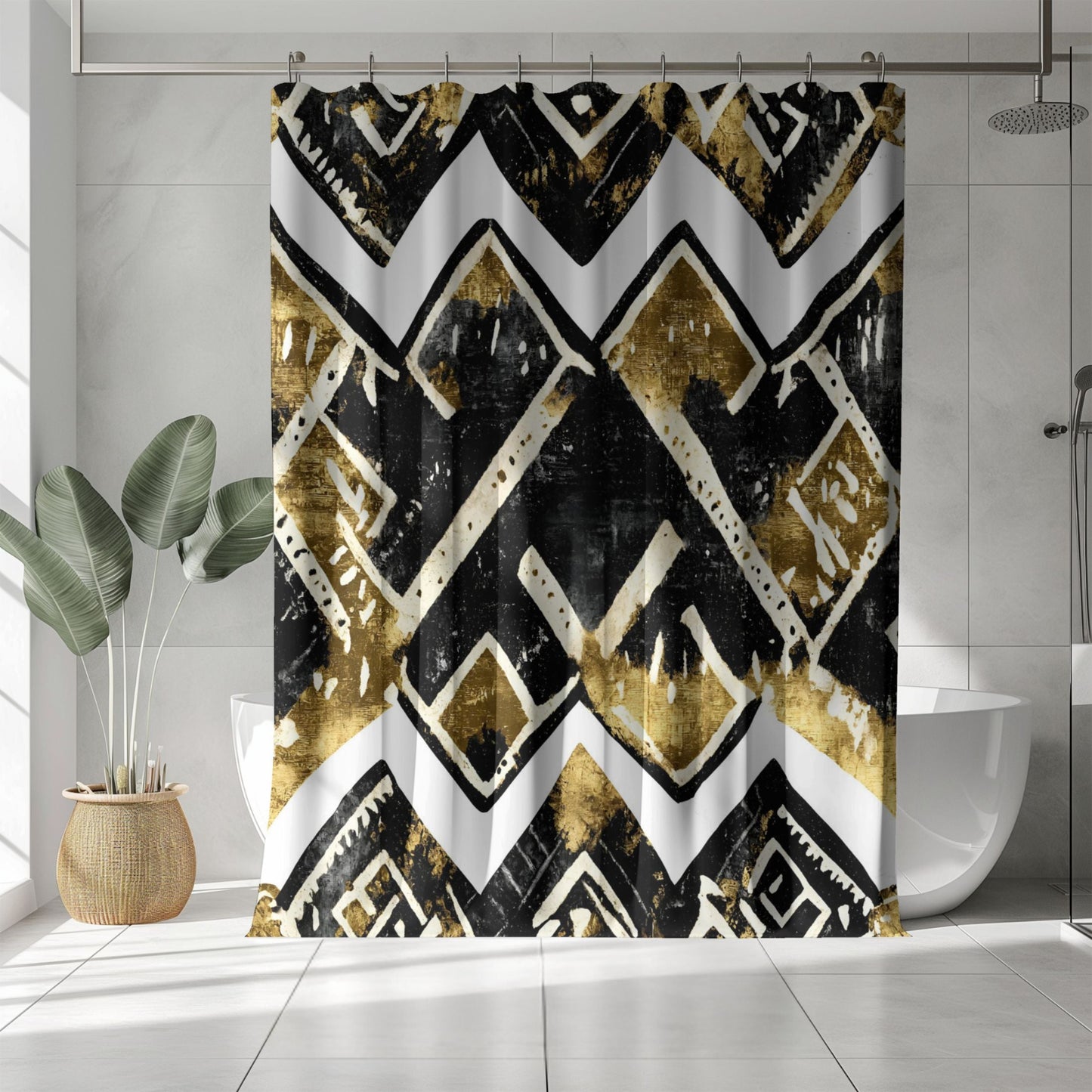 African print shower curtain with geometric pattern in a bathroom setting.