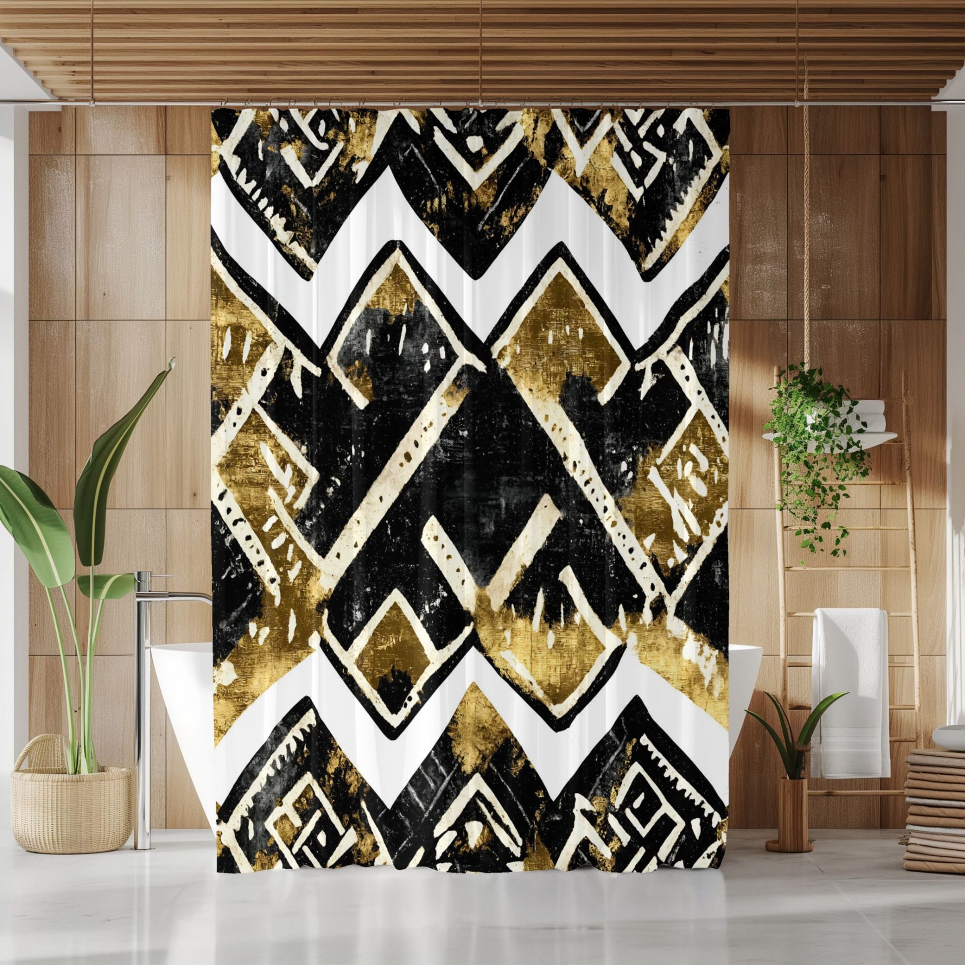 Tribal Shower curtain with gold and black pattern in a bathroom setting