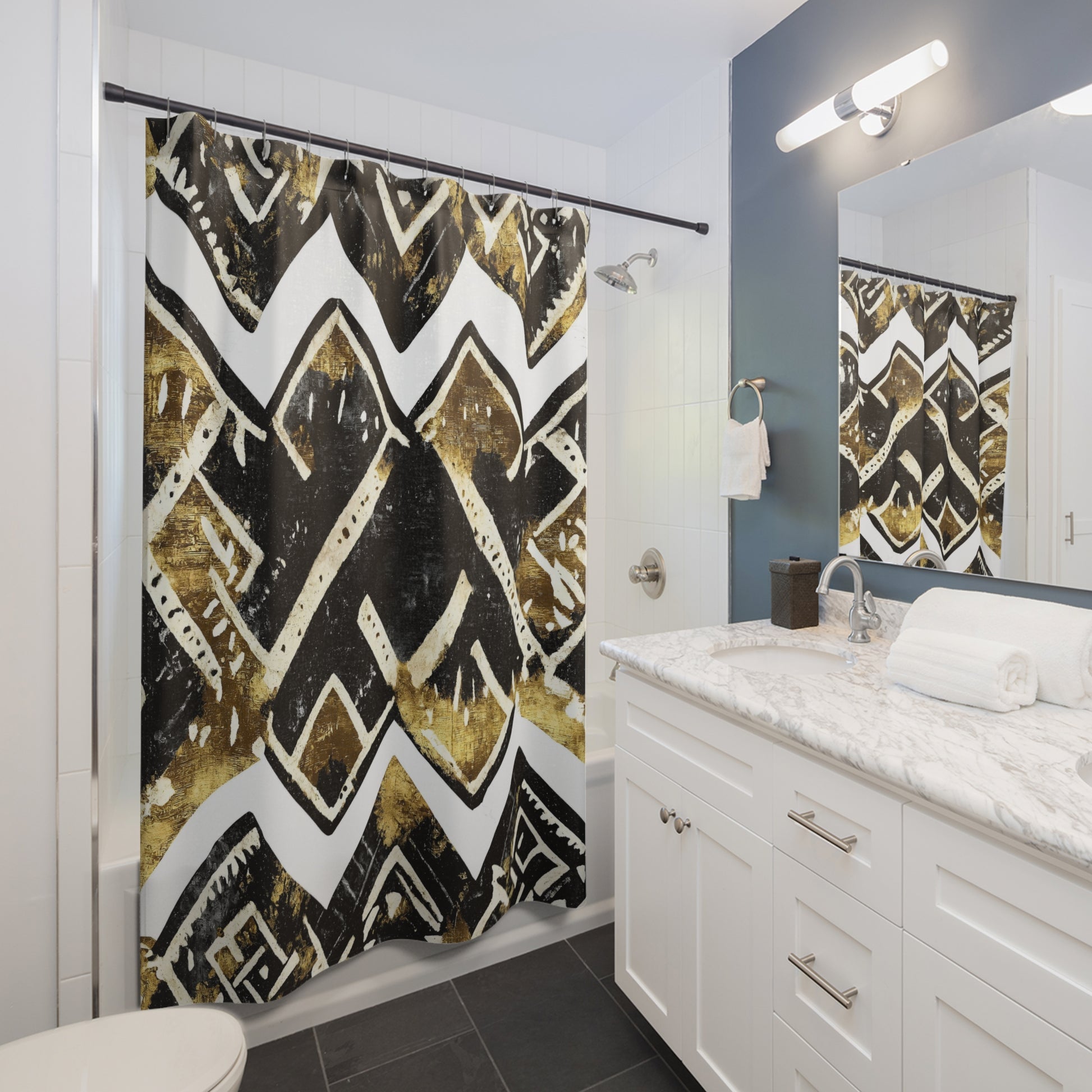 Bathroom with a shower curtain featuring a black, gold, and white pattern.