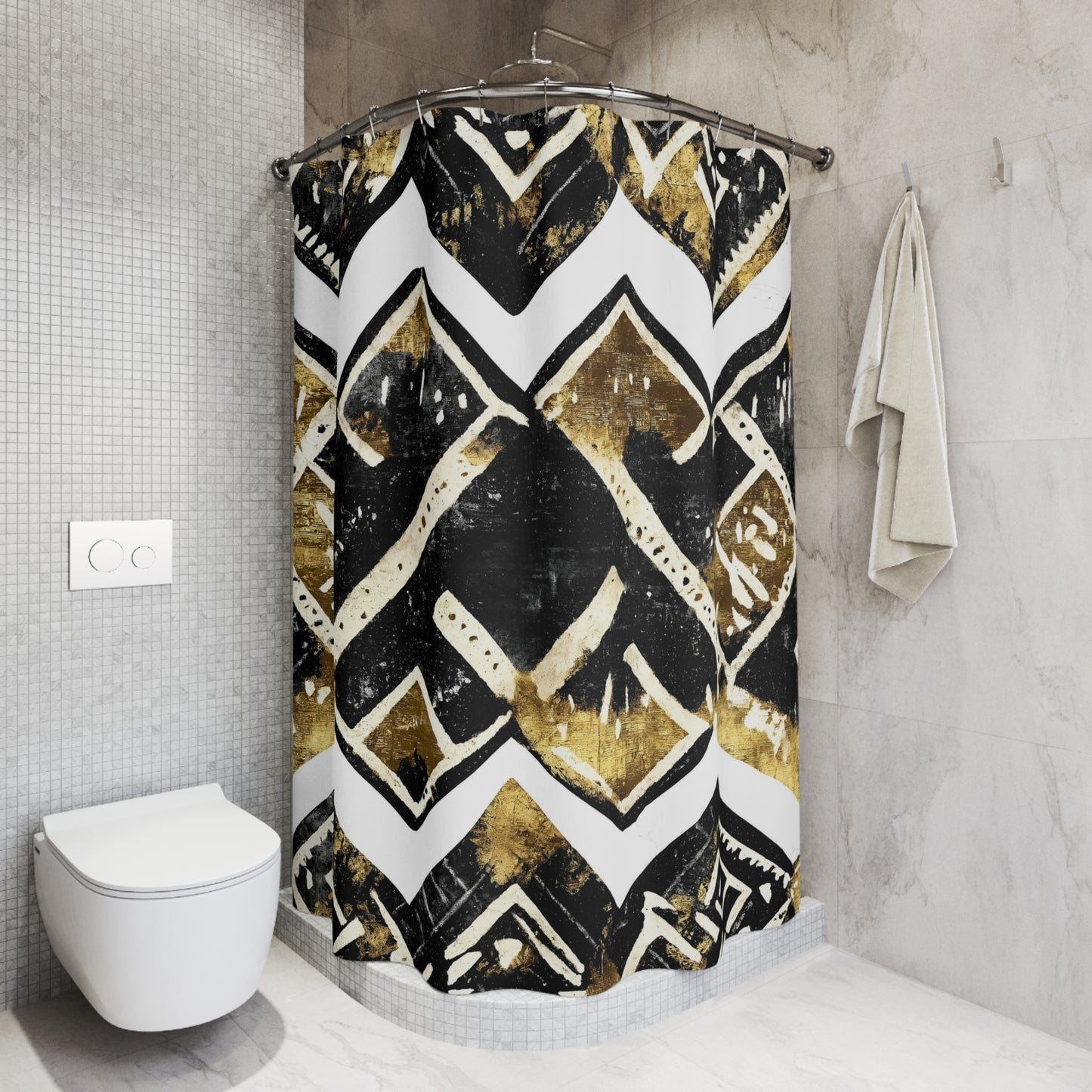 Shower curtain with geometric pattern in a bathroom setting