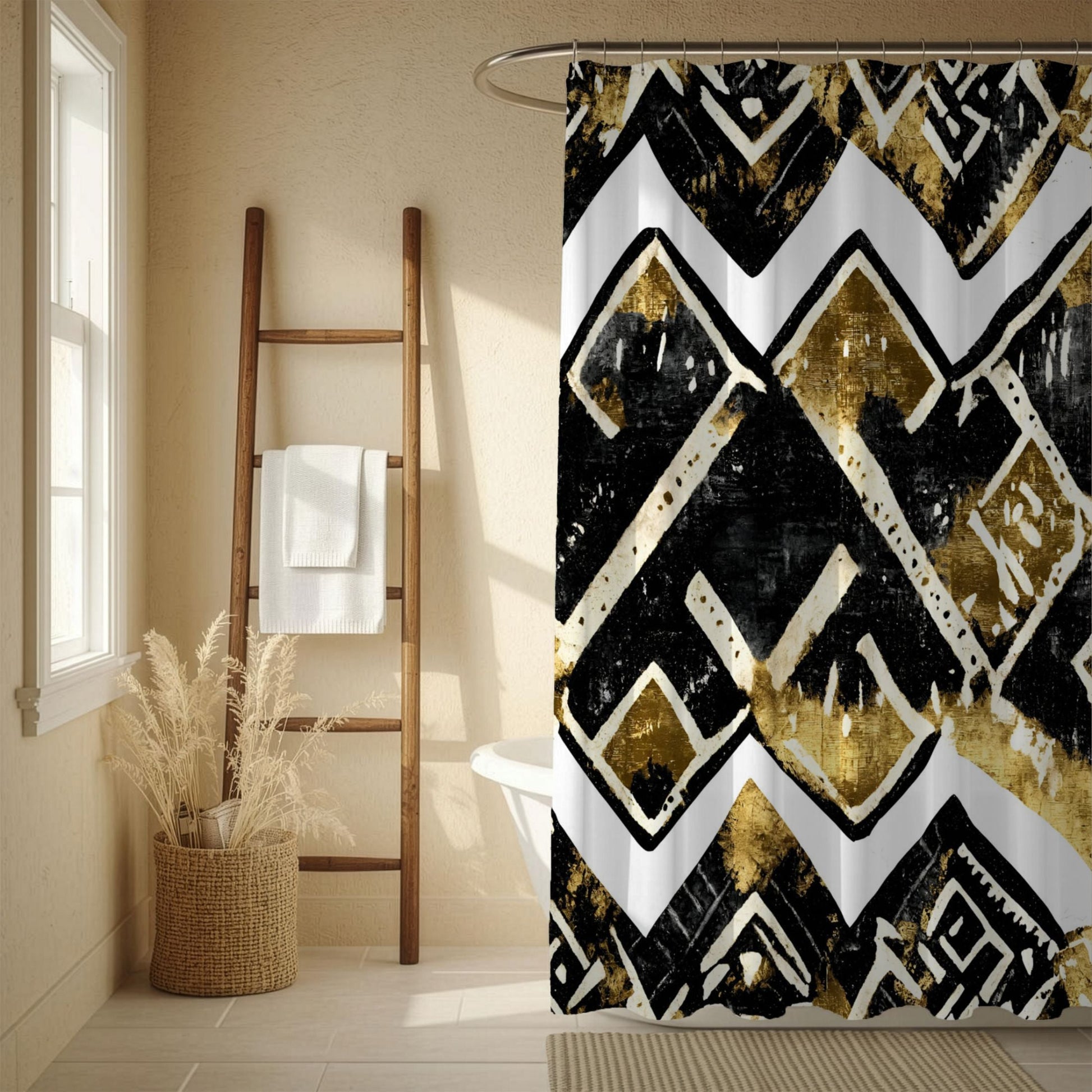 Bathroom with a cultural shower curtain featuring black, white, and gold geometric pattern, a wooden ladder, and a basket with plants.