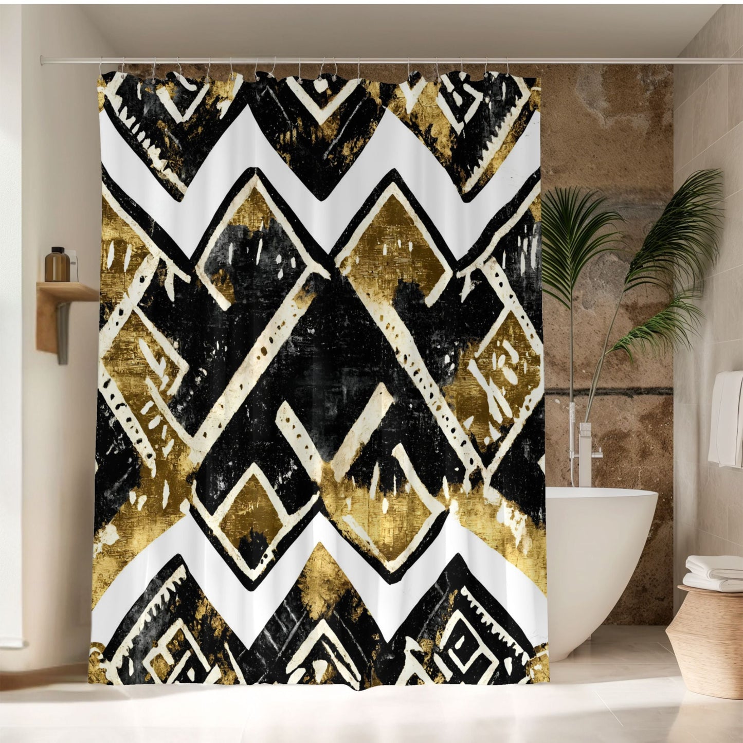 Mudcloth shower curtain with geometric pattern in a bathroom setting
