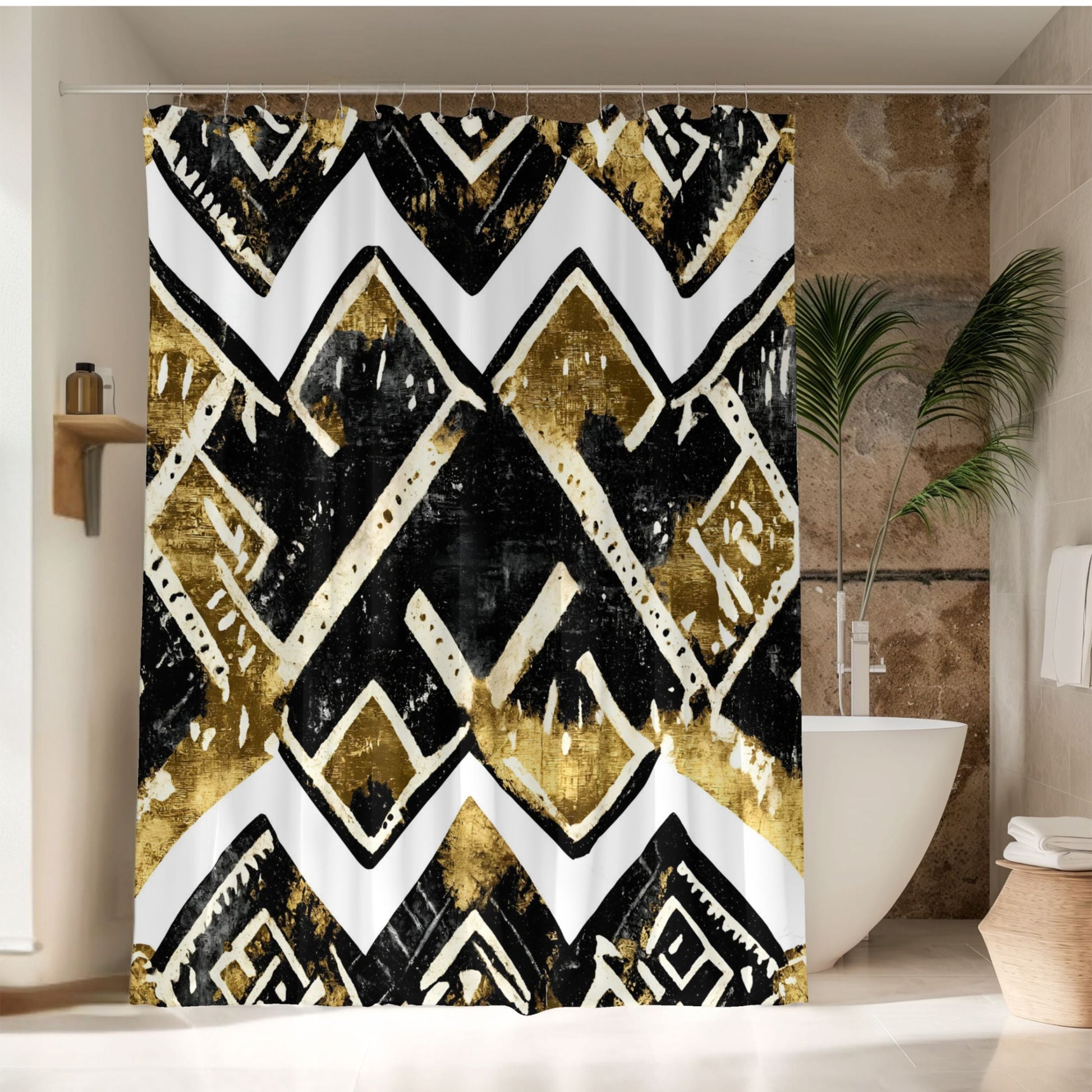 Mudcloth shower curtain with geometric pattern in a bathroom setting