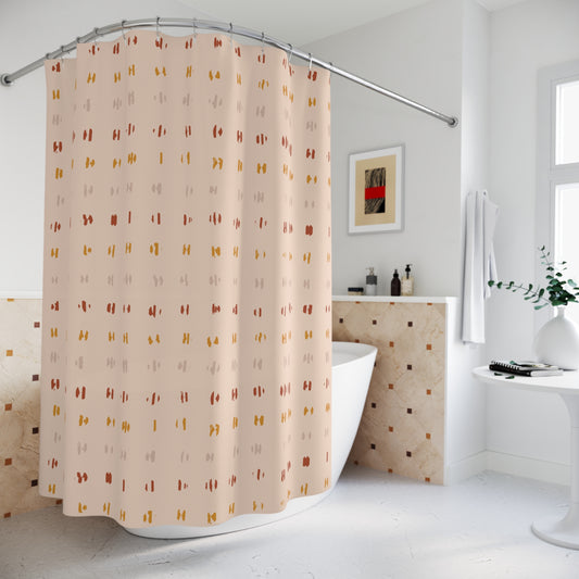 Beige shower curtain with geometric pattern in a bathroom setting