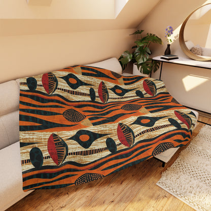Decorative blanket with geometric pattern on a sofa in a living room.