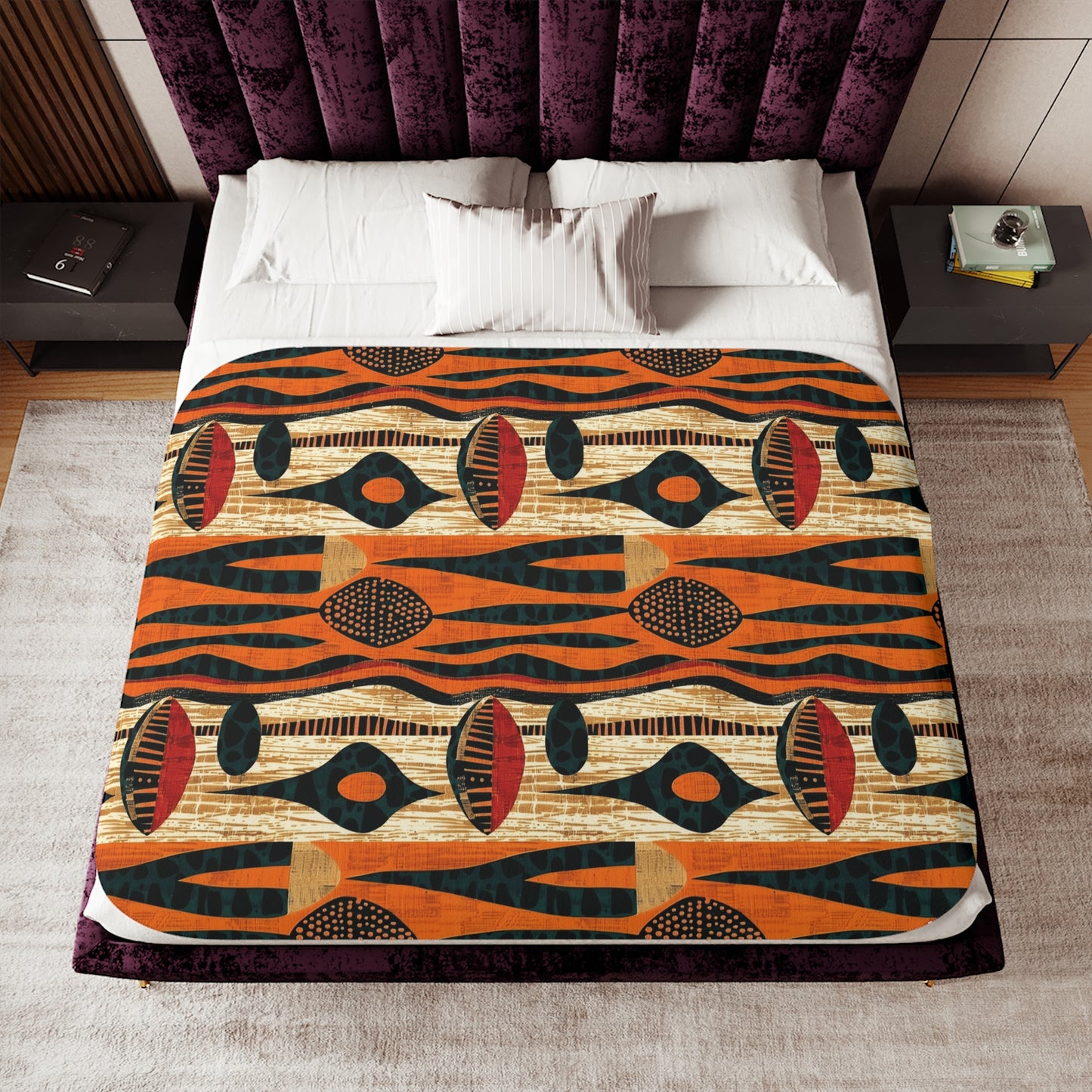 Bed with a patterned quilt in a bedroom setting