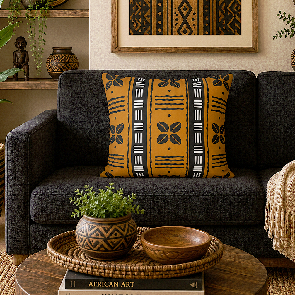 A mustard yellow throw pillow with a black and white African tribal pattern sits on a dark gray sofa in a styled living room setting.